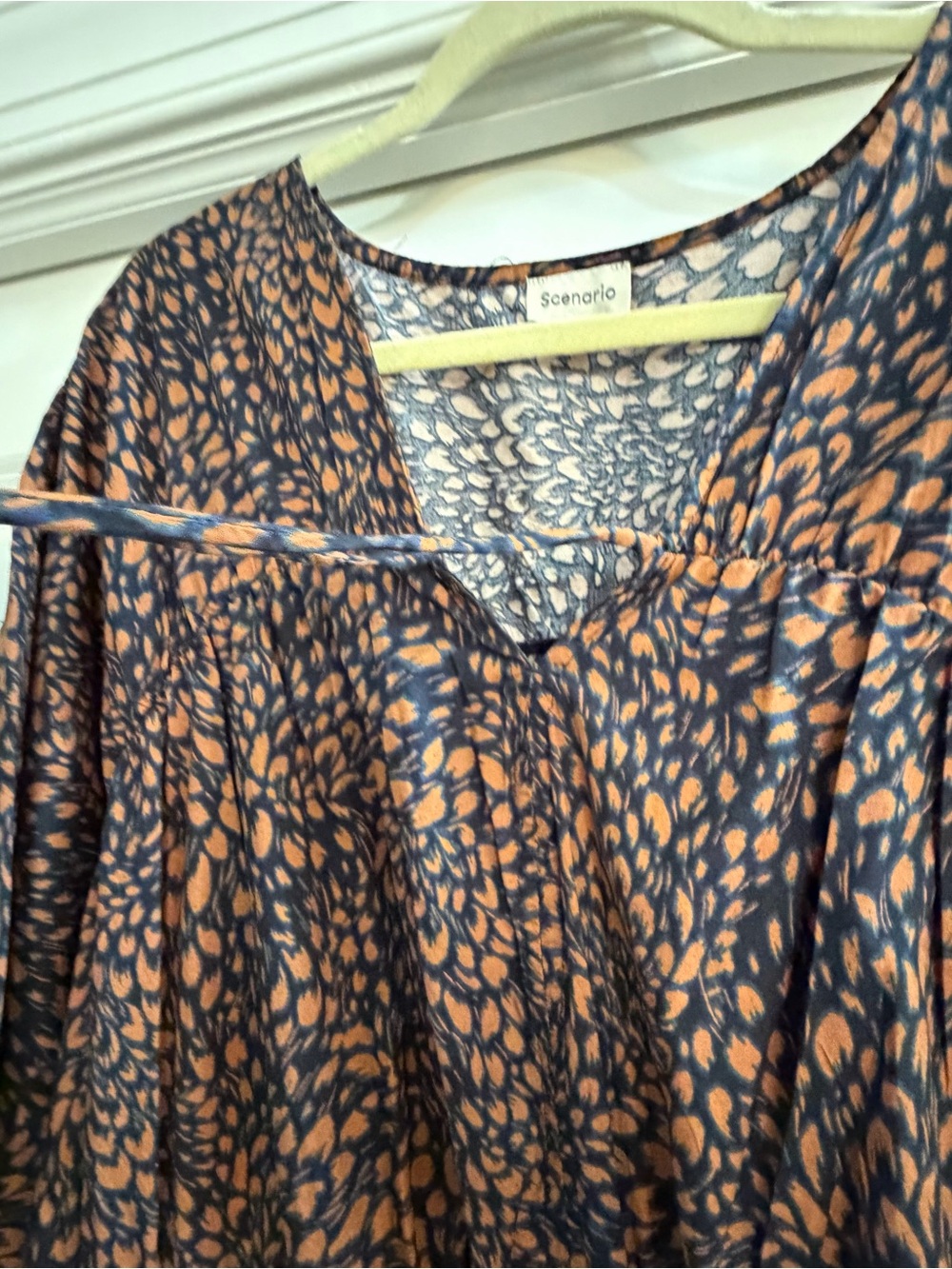 Classic Navy Midi Dress with Brown Print - Elastic Waist - Picture 2 of 8
